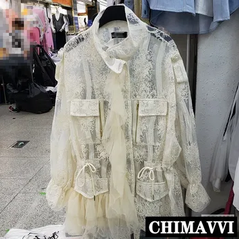 

2020 Spring New Streetwear Lace Jacket Women Loose Mid-Length Lace Sunscreen Coat Thin Long Sleeve Perspective Zip Jackets