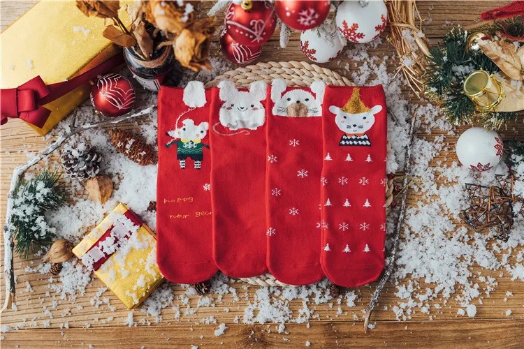 19 новых осенних и 4 пар носков Рождественский подарок красные женские носки до середины икры с мультяшными животными новогодние носки