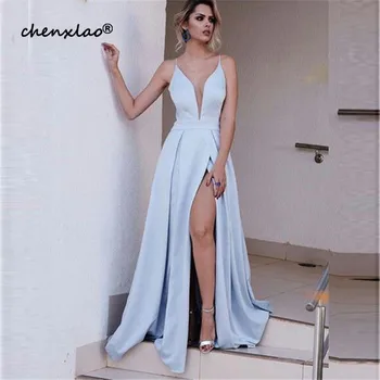 

2019 Sky Blue Prom dresses Long Spaghetti Straps V-Neck Front slit dress for graduation Chiffon Formal Evening Party Dress