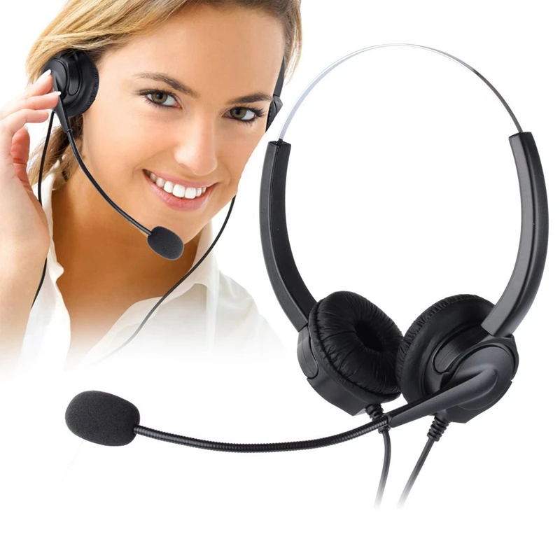 4 Pin RJ9 Hands Free Call Center Noise Cancelling Corded Binaural Headset Headphone with Mic for Desk Telephone