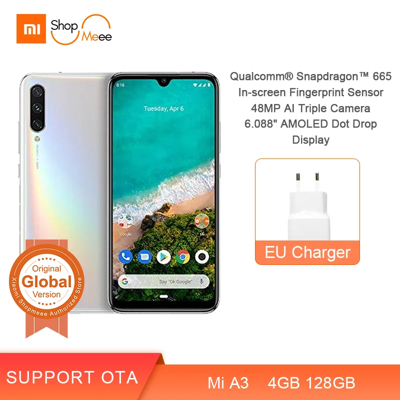 Глобальная версия Xiaomi Mi A3 4 Гб ОЗУ 128 Гб ПЗУ 48мп Смартфон Snapdragon 665 Восьмиядерный экран отпечаток пальца 4030 мАч