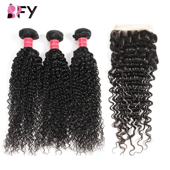 

BFY Kinky Curly Bundles With Closure 100% Human Peruvian Hair Deals 3 Bundles With 4*4 Swiss Lace Closure Non-Remy Hair Bundles