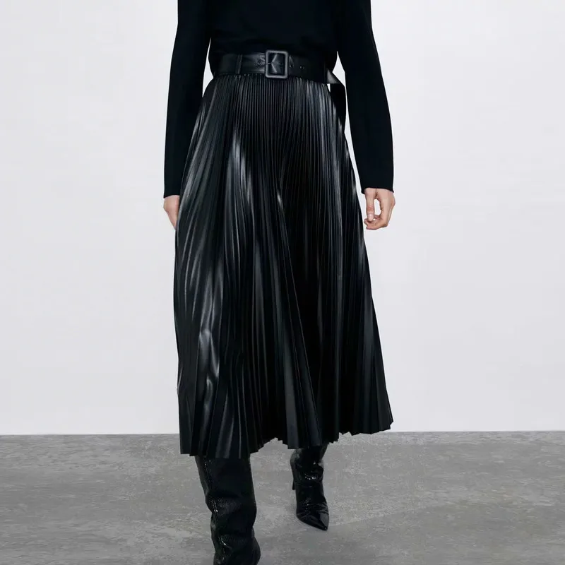 Зимние юбки из искусственной кожи с высокой талией, Женская плиссированная юбка, повседневная, с бантом, шикарная, офисная, длинная, уличная, женская черная юбка