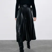 Зимние юбки из искусственной кожи с высокой талией, Женская плиссированная юбка, повседневная, с бантом, шикарная, офисная, длинная, уличная, женская черная юбка
