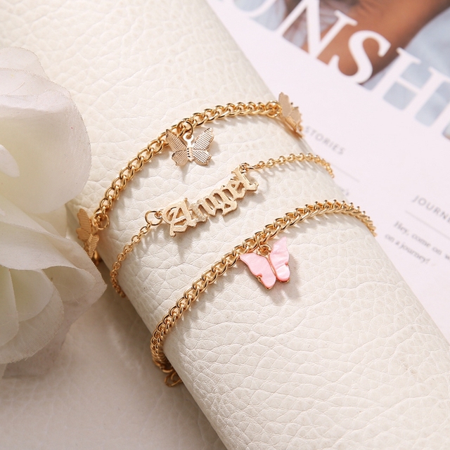Pink Butterfly Anklets Set For Women Cute Gold Letter Angel Chain Anklet Foot Ankle Bracelet Summer Beach Jewelry