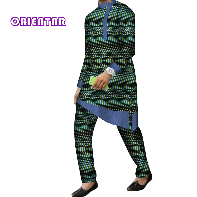 2 Pieces Set Men African Clothes Long Sleeve Shirt and Pants Traditional African Bazin Riche Print Dashiki Suit Trousers WYN844 - Цвет: 2