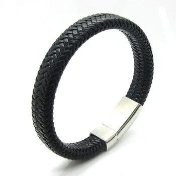 Unique Designer 316L Stainless Steel Bracelets & Bangles Mens Gift Black Leather Knitted Magnetic Clasp Bracelet  Jewelry