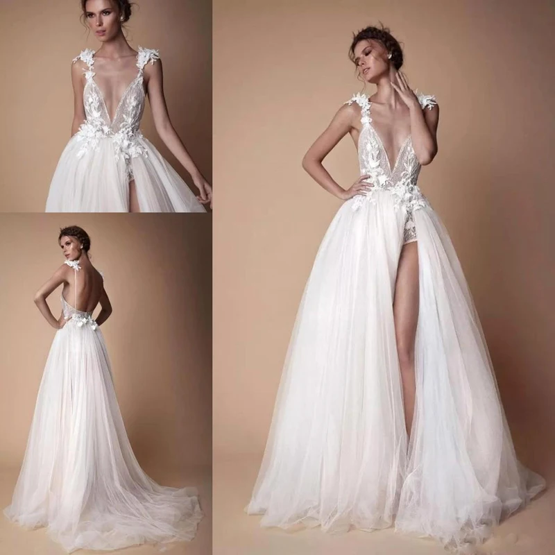 2018 Bohemian Lace Wedding Dresses 3D Appliqued A-Line Deep V-Neck Beach Bridal Gowns Sweep Train Tulle Split Side Sexy | Свадьбы и