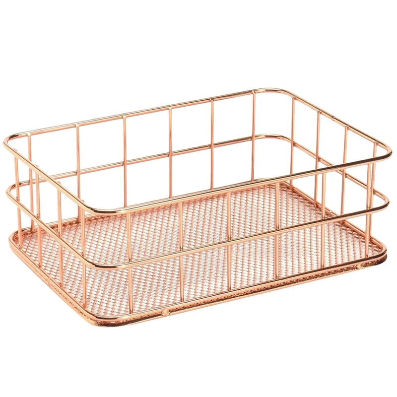2 Pcs Rose Gold Wire Mesh Storage Basket Pen Holder Organizer: 1 Pcs Round Iron Mesh Stationery Pen Cup& 1 Pcs Metal Wire Bathr