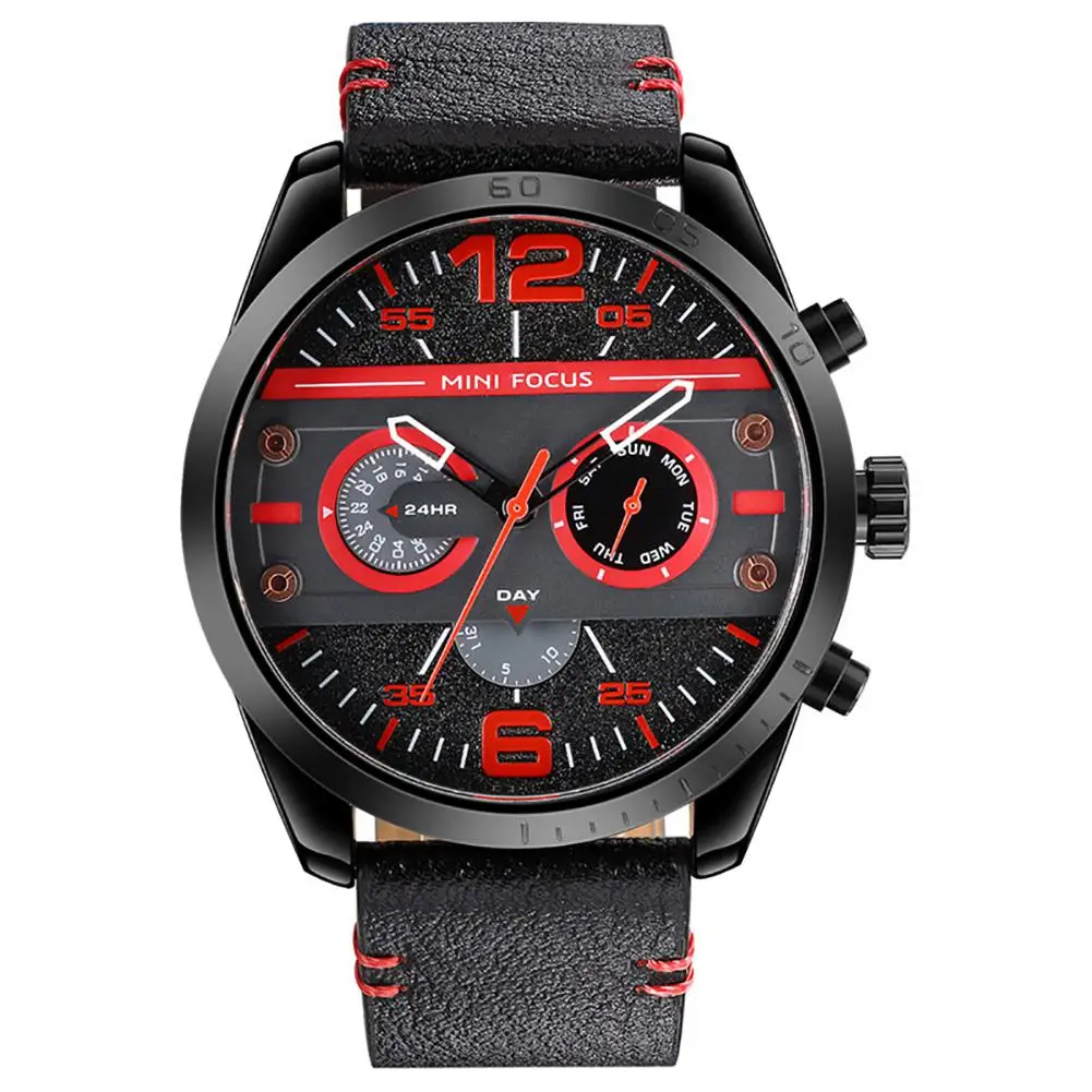 

HobbyLane Men Sports Watch Japanese Quartz Month Date 24-Hour Display Genuine Leather Strap Waterproof Wristwatch