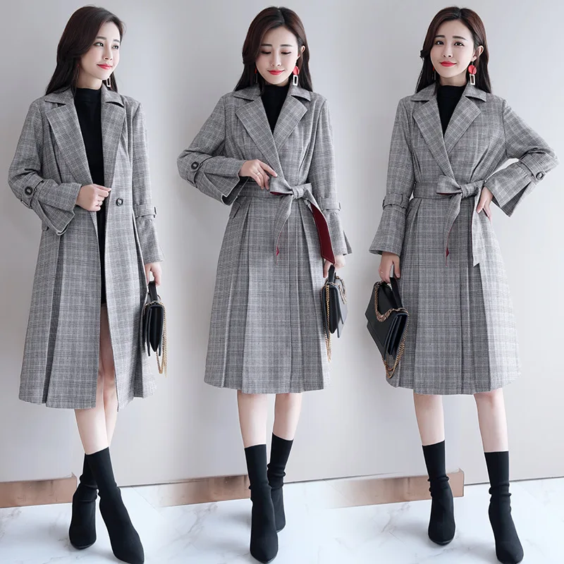 

Plaid Trench Coat Women's Mid-length 2018 Spring Clothing New Style Korean-style Loose-Fit Double Breasted Slim Fit Slimming Spr