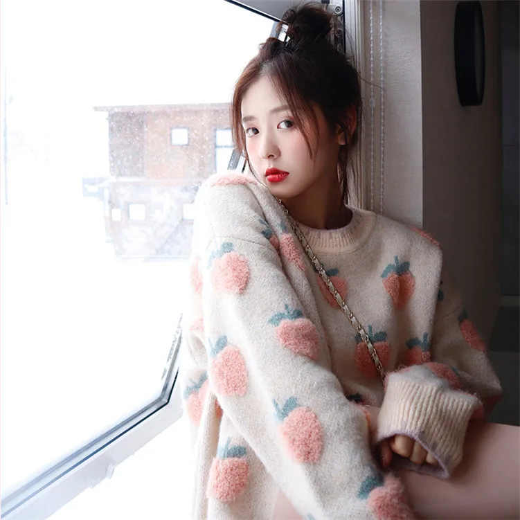 Pink Strawberry Mohair Jacquard Sweater Women 2020 Winter New Loose Sweet Lazy Wind Sweater Women Pink Strawberry Mohair Jacquard Sweater Women 2020 Winter New Loose Sweet Lazy Wind Sweater Women