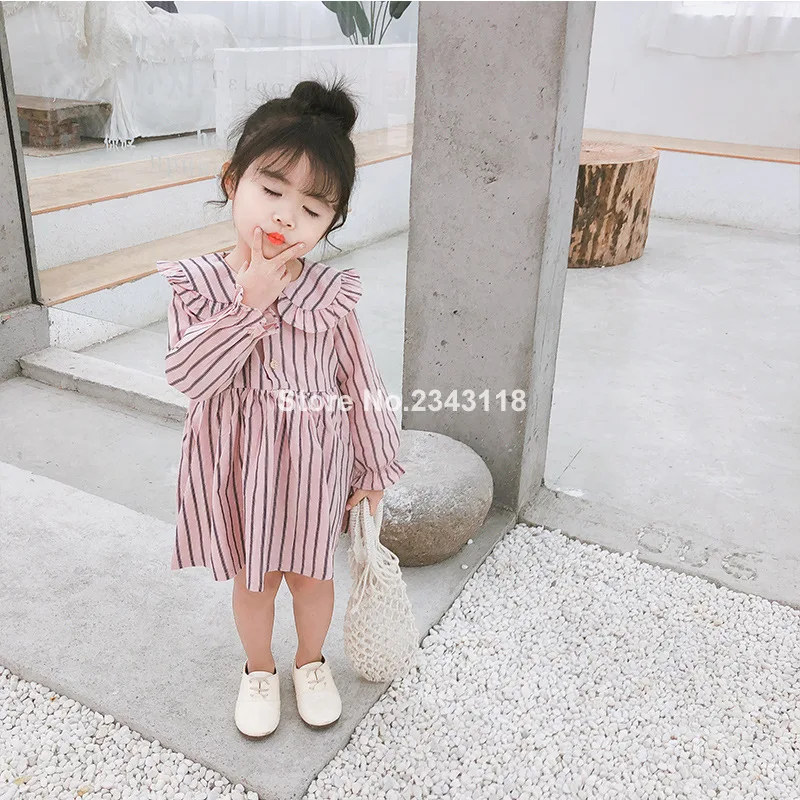 

2019 Spring New Style Baby Girls 100% Cotton Cute Long Sleeve Striped Princess Dresses 0-4 Years Kids Lotus Leaf Collar Dress