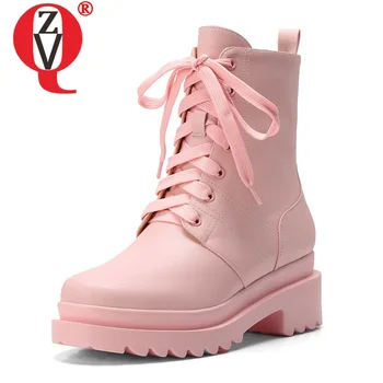 

ZVQ cute sweetheart riding boots genuine leather pink white black ankle boots winter lace round toe 4cm mid heels women's shoes