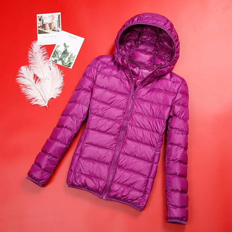 Зимние женские куртки осенний пуховик женский жакет пальто ультра тонкий с капюшоном весна Базовая куртка Женский розовый черный большой размер 6XL 7XL - Цвет: Purple