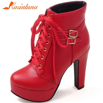 

KARINLUNA Big Size 33-43 New Female Ladies Party Ol Boots Fashion Lace Up Platform Ankle Boots Women High Heels Shoes Woman