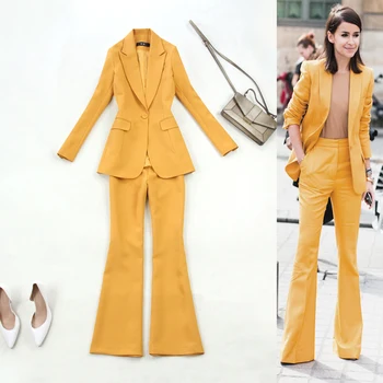 

Plus size women's 2020 spring and summer OL new banana yellow slim fit one button suit + flared trousers suit