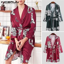 Мужские халаты с принтом, длинный рукав, искусственный шелк, атлас, нагрудные карманы, домашняя одежда, кимоно, одежда для сна, Модный повседневный халат, INCERUN, S-3XL