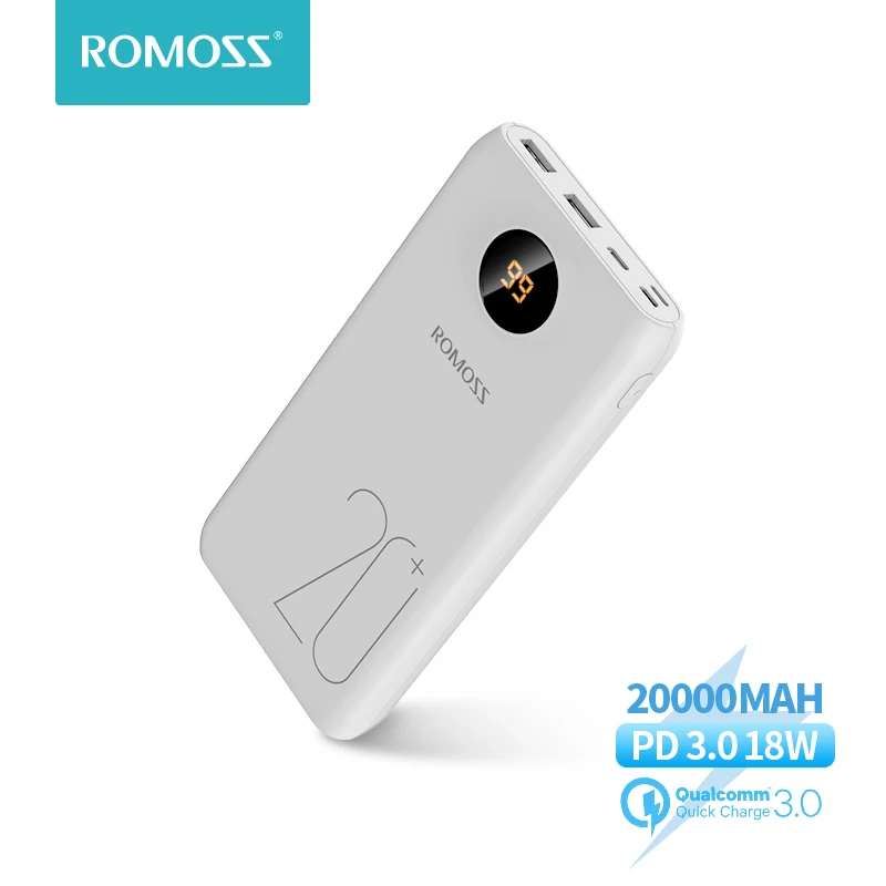 ROMOSS-cargador tipo batería externa portátil para teléfonos y tabletas, cargador tipo batería externa de 20000mAh, carga rápida PD 3,0 con pantalla LED