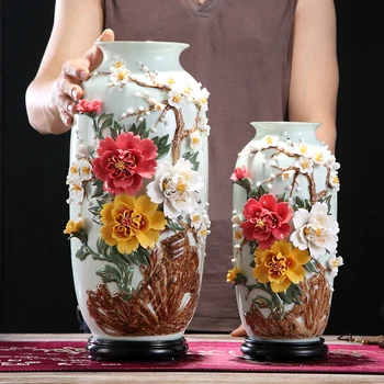 

Chinese Ceramic Vase Flower Vase With Wood Base Home Decor Plant Flowerpot Fashion Blooming Plum Flower Vase For Home Wedding