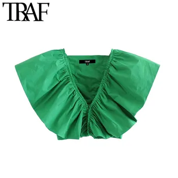 

TRAF Women Fashion Ruffled Cropped Blouses Vintage V Neck Sleeveless Female Shirts Blusas Chic Tops