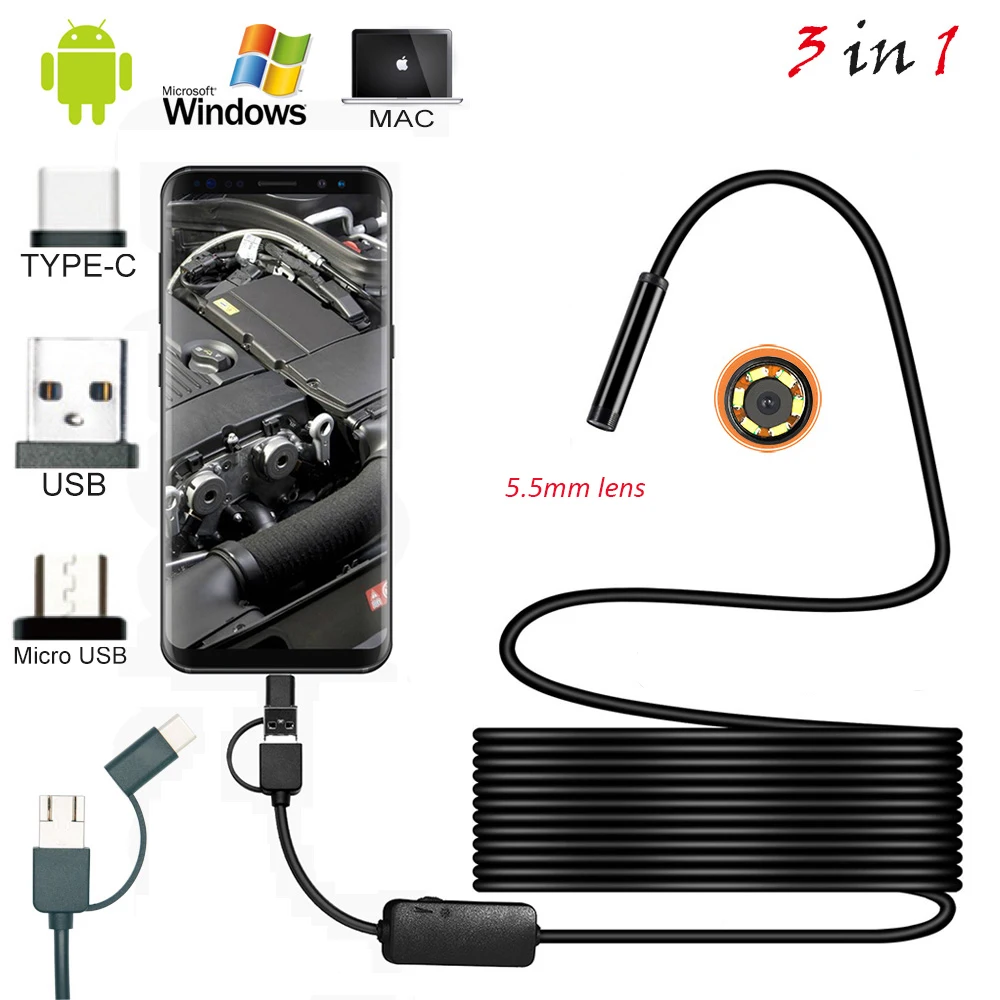 7mm Android Endoscope 6 LED USB Snake Camera 5Meter Cable For Windows Computer 