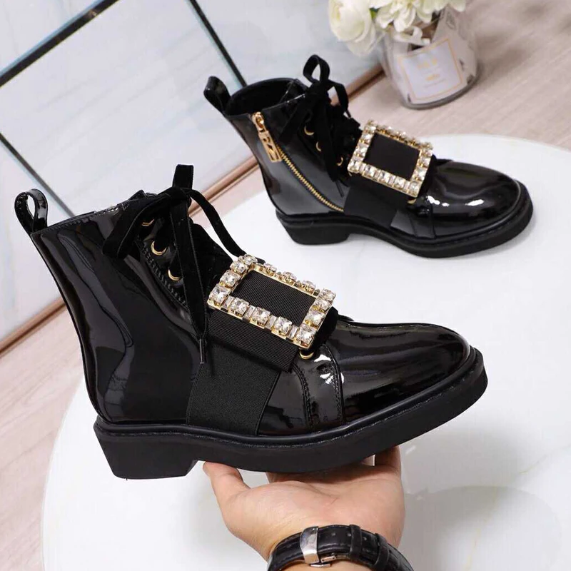 

Chelsea Boots Leather Boots Women Mortorcycle Boots Crystal Bota Feminina Cros tied Botas Mujer Patent Leather Boots Ankle Boots