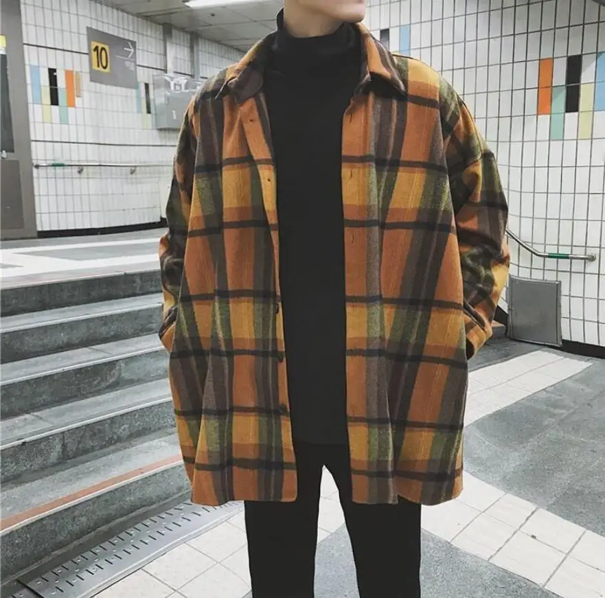 Шерстяное мужское клетчатое Ретро Новое корейское стильное уличное Harajuku шикарное мужское зимнее пальто смешанные универсальные свободные 2XL повседневные трендовые горячие новые - Цвет: 902yellow