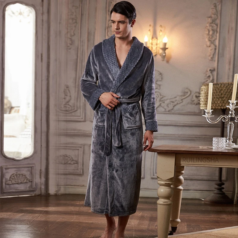 Men Winter Super Long Thick Warm Flannel Bathrobe Plus Size Hooded Ankle Length Coral Fleece Bath Robes Women Soft Dressing Gown jockey pajama pants Men's Sleep & Lounge