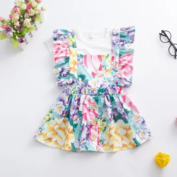 

Summer Baby Girl Sets Short Sleeve T-shirt Blouse+Sleeveless Floral Print Dress 2Pcs Casual Fashion Outfits Set