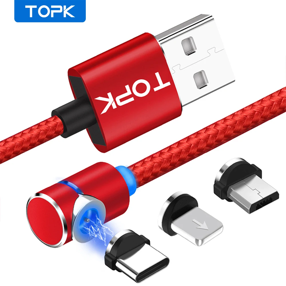 TOPK AM30 Magnetic Charging Cable ,90 Degree LED Cable for iPhone 11 X 8 7 6 Plus & Micro USB Cable & USB Type-C USB C Cable