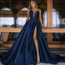 A-line High Side Slit Evening Dresses Sleeveless Sexy Deep V-neck Soft Satin Mermaid Prom Gowns Party Vestidos De Fiesta Custom
