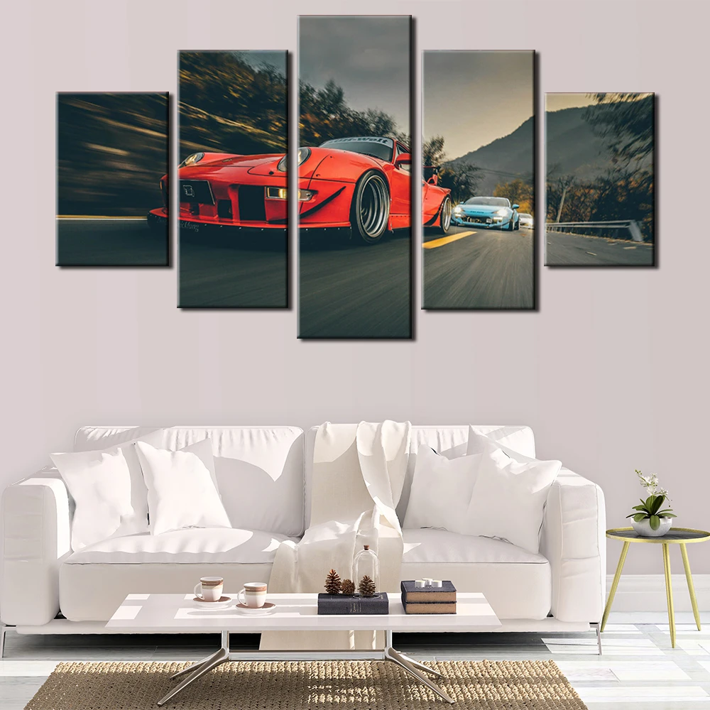 

Canvas wall art frame picture HD printing poster frame modern living room decor 5 piece red luxury sports car drift painting