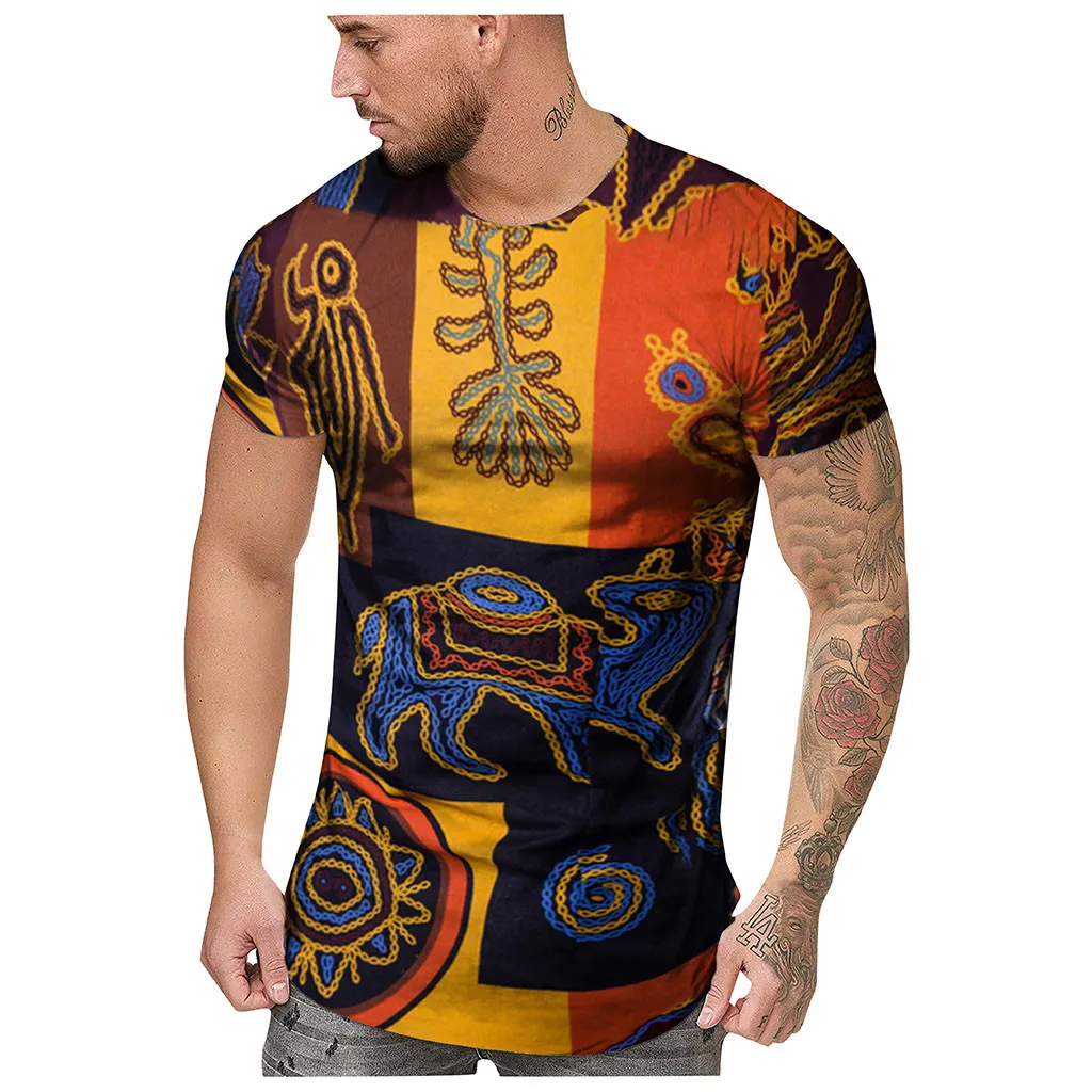 Футболка мужская приталенная с круглым вырезом этнический принт короткий рукав