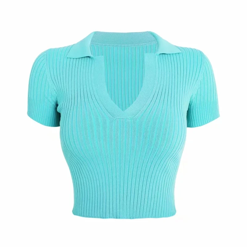 SKU blue Осенний Белый Зеленый Поло mujer сексуальный короткий топ с длинным рукавом Женские Обрезанные Топы Рубашки поло уличные винтажные вязаные топы - Цвет: SKU blue