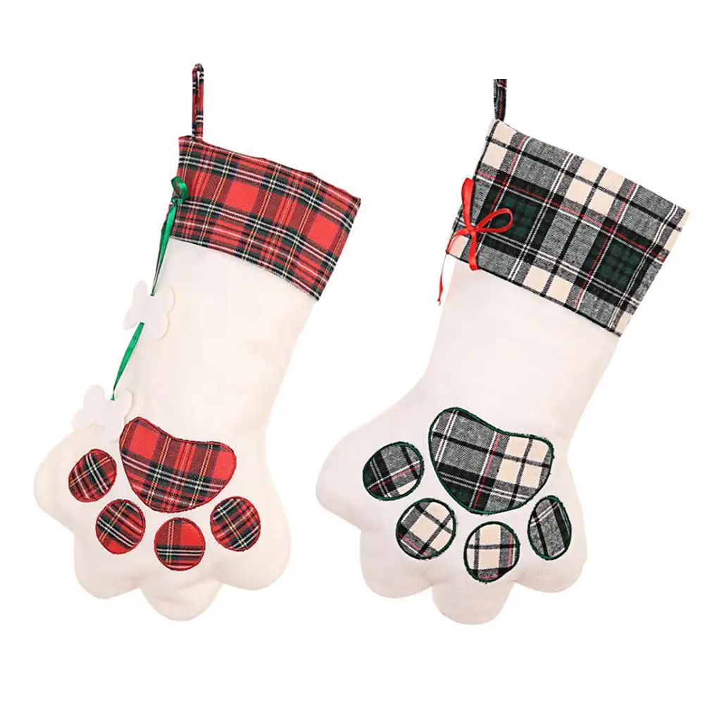

1Pc Pet Christmas Stocking Cat Dog Paw Stocking Gift Bag Holder Red/Blue Plaid Polyester + Fleece + Cotton Xmas Ornaments Decor