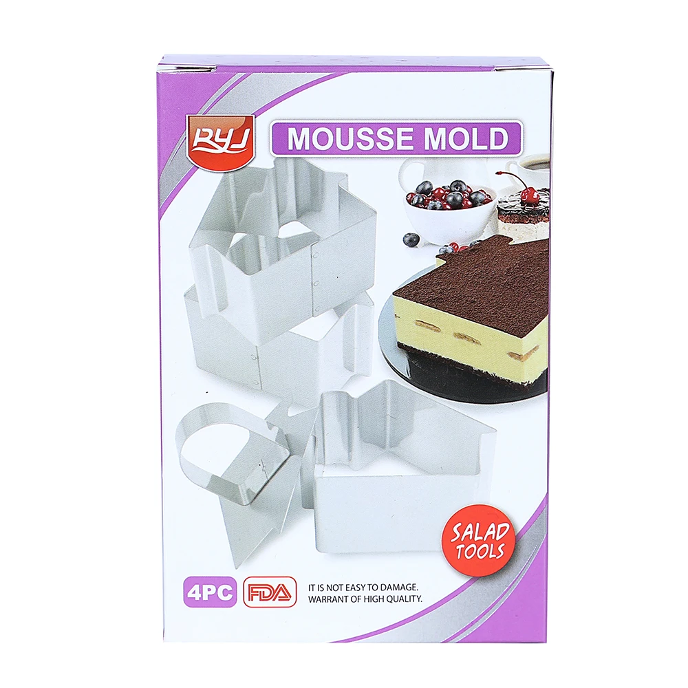 4pcs DIY Fondant Mousse Cake Mold Stainless Steel Decorating Tools Architecture Silver Slicer Cutter Hand Push Baking Cooking