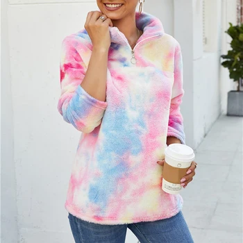 

Adisputent Casual Fluffy Hoodies Women Tie-dye Print Zipper Faux Fur Autumn Winter Fleece Sweatshirt Pullover Female Outwear New