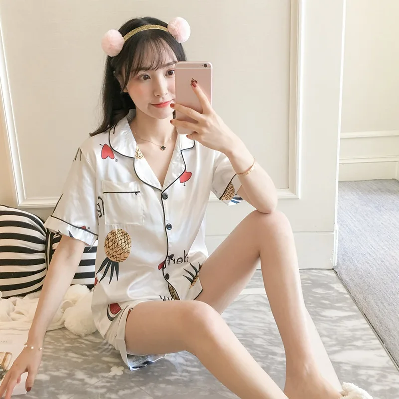 

909-1 # Summer Korean-style Set Silk Real Silk Printed Short Sleeve Shorts Two-Piece Set Viscose Pajamas