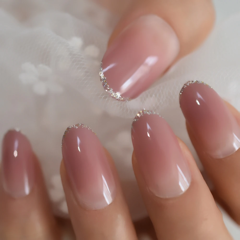 Ombre Nails Oval Pink Gradient Lady Finger Decorative Tips With Glitter Small Line Faux Ongles 24 False Nails Aliexpress