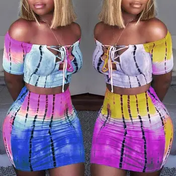 

2Pcs/Set Sexy Lady Off Shoulder Lace Up Short Sleeve Crop Top Bodycon Mini Skirt