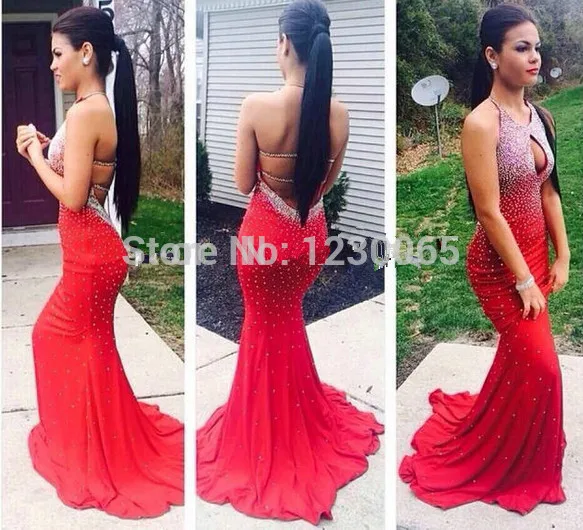 sexy backless new Gorgeous Crystal Beaded Prom Dresses Sheer Scoop Neck Sleeveless mermaid Evening Gowns Pageant Dress