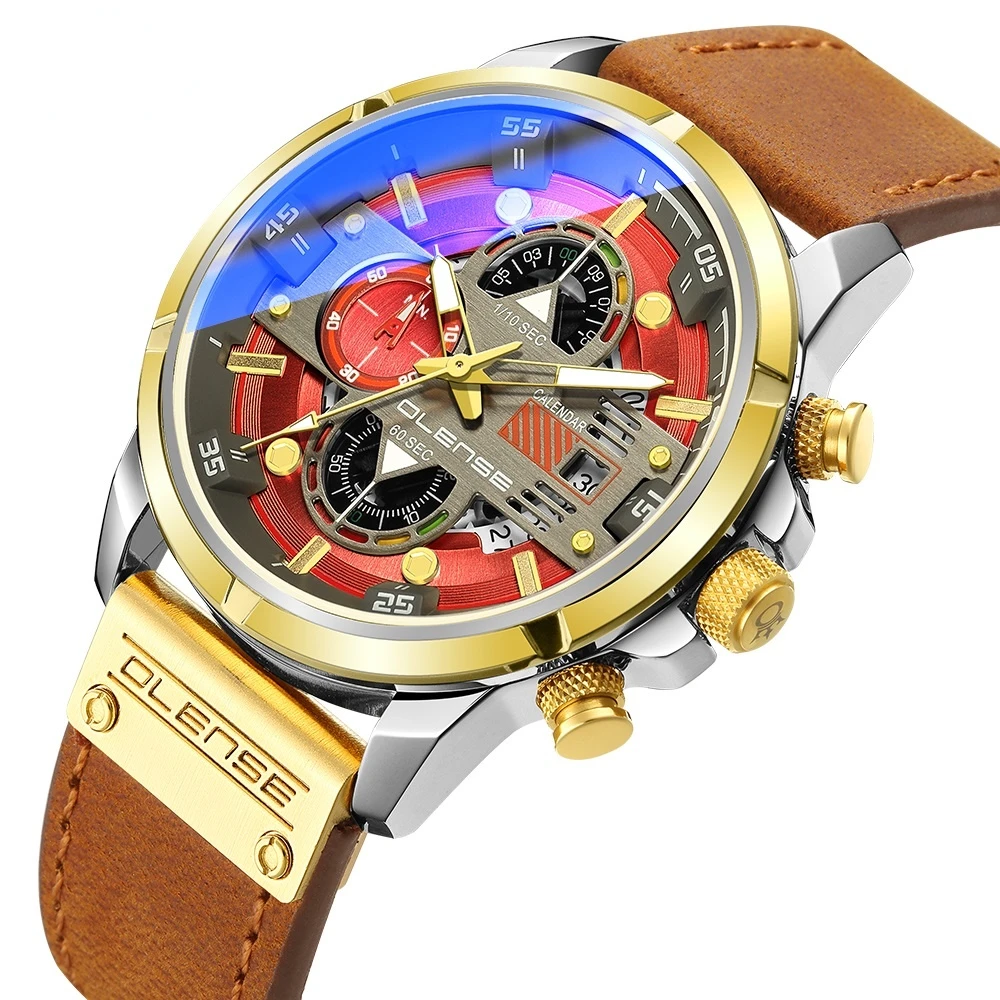 2021 Mens Genuine Leather Watches Blue Light Glass Multifunction Quartz Watch Military Waterproof Date Chronograph Clock