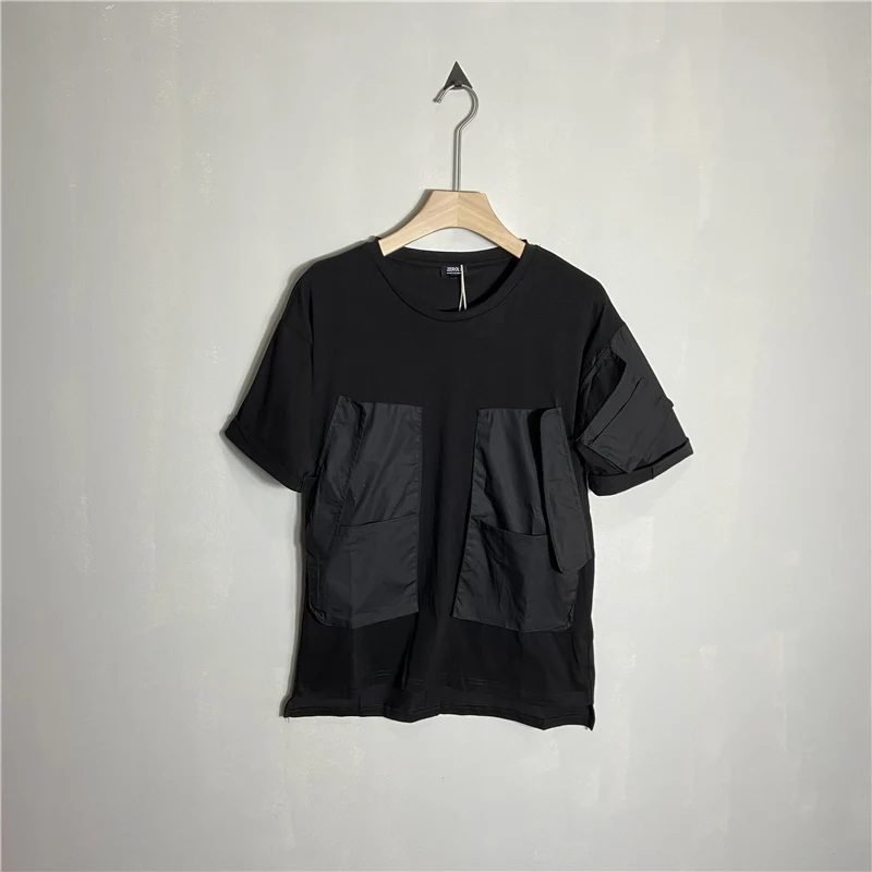 

Men's Short Sleeve T Shirt Summer New Dark Round Collar Personality Large Pocket Stitching Design Youth Fashion T Shirt