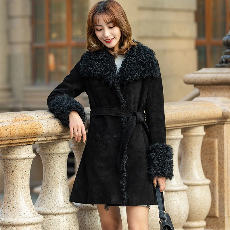 Suede Outside Natural Fur Collar Women's Winter Jackets With Belt Vintage Style Jackets Women Fashion Dropshipping Jacket