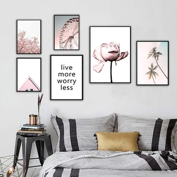 

Blush Pink Posters and Prints Peony Wall Art Ferris Wheel Poster Palm Trees Canvas Painting Nordic Style Building Pictures