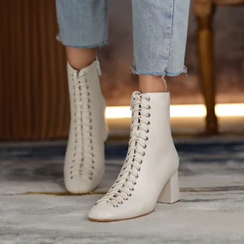 

Fashion Woman Ankle Boots High Quality Genuine Leather Suede Lace Up High Heels Autumn Winter Boots For Women Shoes Booties