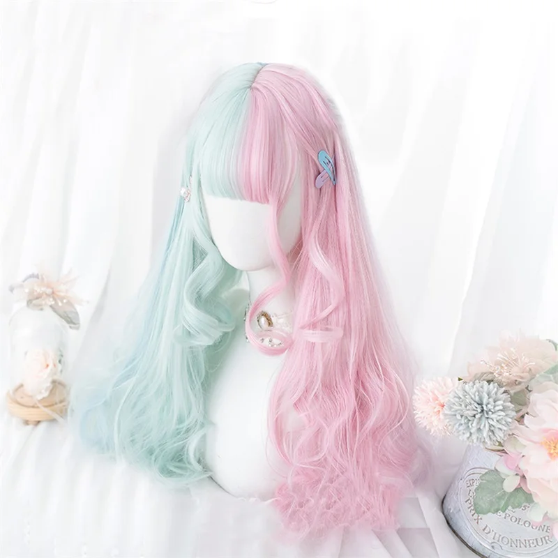 Lolita Makaron (ombre) Long Curly Hair Synthetic Bread Cosp Mixed Ober Bangs Cute Magical Shield Store 57CM Pink Mint Green Blue |