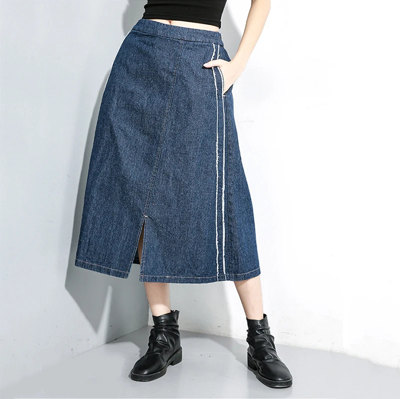 [EAM] юбка с высокой эластичной резинкой на талии, синяя джинсовая юбка, женская мода, новинка, весна-осень, 1K020 1K020