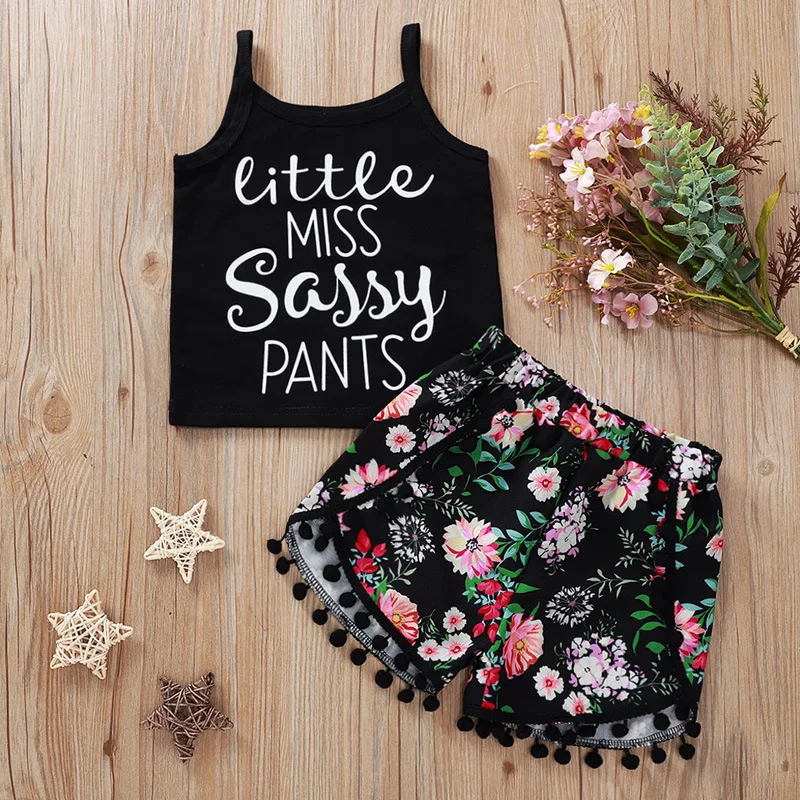 Детские комплекты из 2 предметов 2020 штаны с принтом Little Miss Sassy черные топы на